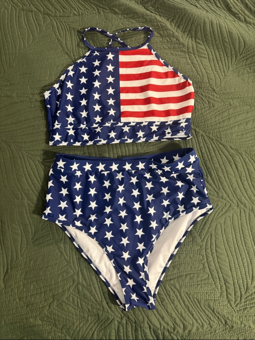 High-Neck Star Print Bikini Set in Blue & Red